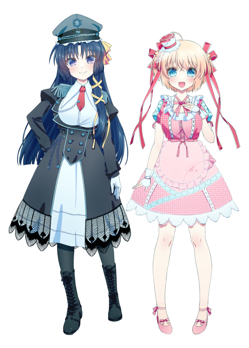 2girls :d absurdres ahoge alternate_costume apron aqua_eyes arm_at_side black_dress black_footwear black_hair black_headwear blonde_hair blue_eyes blunt_ends blush boots closed_mouth commentary cross-laced_footwear crossed_bangs dress frilled_apron frills full_body gloves hair_between_eyes hair_ornament hair_ribbon hand_on_own_chest hand_on_own_hip hand_up hat highres juliet_sleeves kamikita_komari kurugaya_yuiko little_busters! long_hair long_ribbon long_sleeves looking_at_viewer mary_janes military_hat mini_hat mini_top_hat multiple_girls natsuoto_rito necktie open_mouth pink_apron pink_footwear pink_shirt pink_skirt plaid plaid_skirt puffy_short_sleeves puffy_sleeves red_necktie red_ribbon ribbon shirt shoes short_hair short_necktie short_sleeves sidelocks simple_background skirt smile standing star_(symbol) star_hair_ornament straight-on straight_hair tachi-e top_hat very_long_hair waist_apron white_background white_gloves