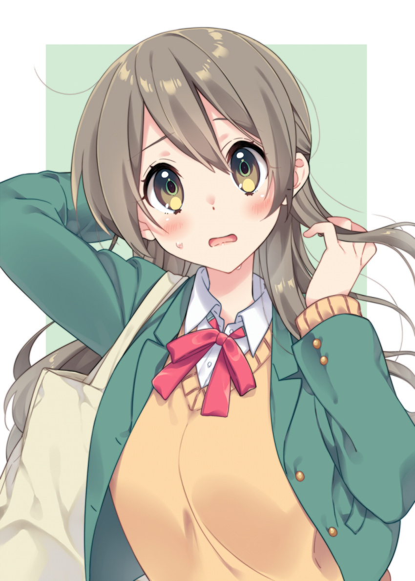 1girl arm_behind_head arm_up bag blazer blush bow breasts brown_eyes brown_hair brown_sweater collared_shirt dress_shirt green_background green_jacket hair_between_eyes highres jacket kusumoto_shizuru long_hair looking_at_viewer open_clothes open_jacket open_mouth original red_bow school_uniform shirt small_breasts solo sweat sweater two-tone_background upper_body very_long_hair white_background white_shirt