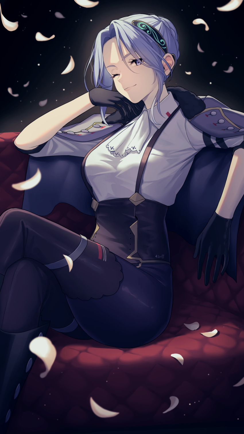 1girl ascot black_coat black_gloves black_pants blue_eyes blue_hair boots braid braided_bun breasts closed_mouth coat collared_shirt couch crossed_legs falling_petals fur-trimmed_coat fur_trim gloves hair_bun hair_ornament hanamura_shiki heaven_burns_red highres knee_boots large_breasts long_sleeves looking_at_viewer lq_saku on_couch one_eye_closed pants parted_bangs petals shirt sitting solo suspenders upper_body white_ascot white_shirt