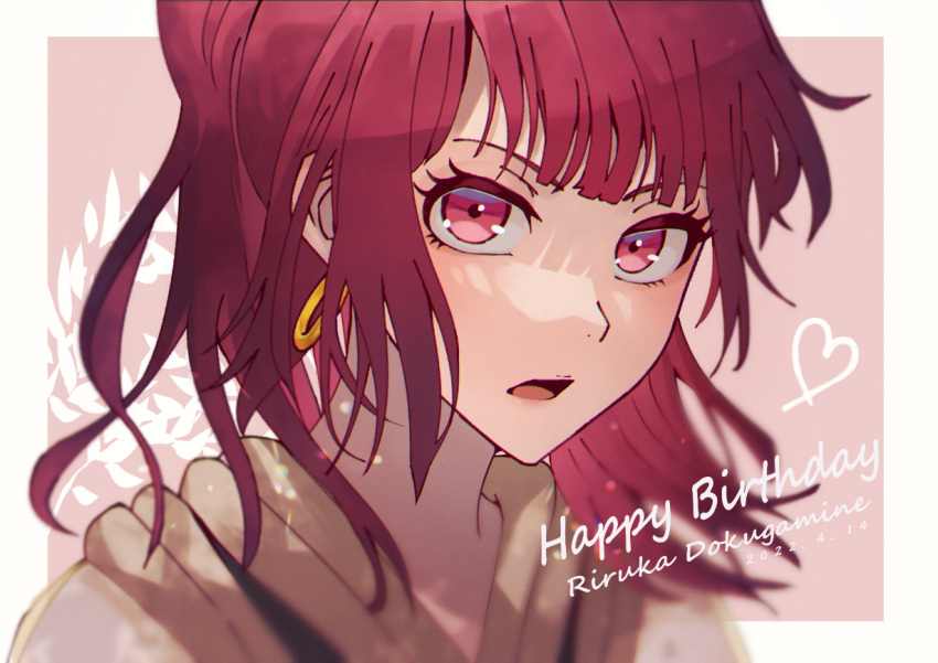 1girl 2022 alternate_costume alternate_hairstyle bleach blunt_bangs blurry border character_name close-up commentary dated depth_of_field dokugamine_riruka earrings eyelashes floating_hair happy_birthday heart hoop_earrings jewelry long_hair looking_at_viewer open_mouth pink_background ponytail red_eyes redhead simple_background solo sumire_1046 white_border