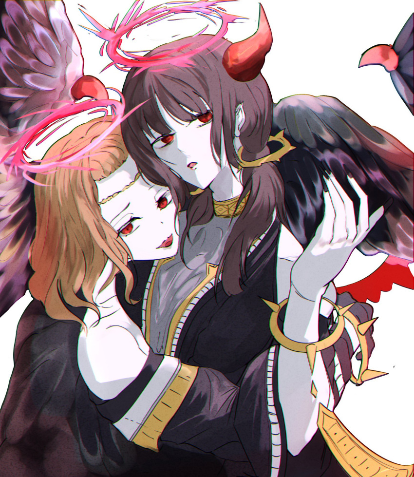 2girls bare_shoulders black_feathers brown_hair capricious_darklord demon_horns dress duel_monster fallen_angel feathered_wings feathers highres horns indulged_darklord long_hair medium_hair multiple_girls open_mouth pointy_ears red_eyes redhead single_wing sketch skirt twintails uragawai white_skirt wings yu-gi-oh!