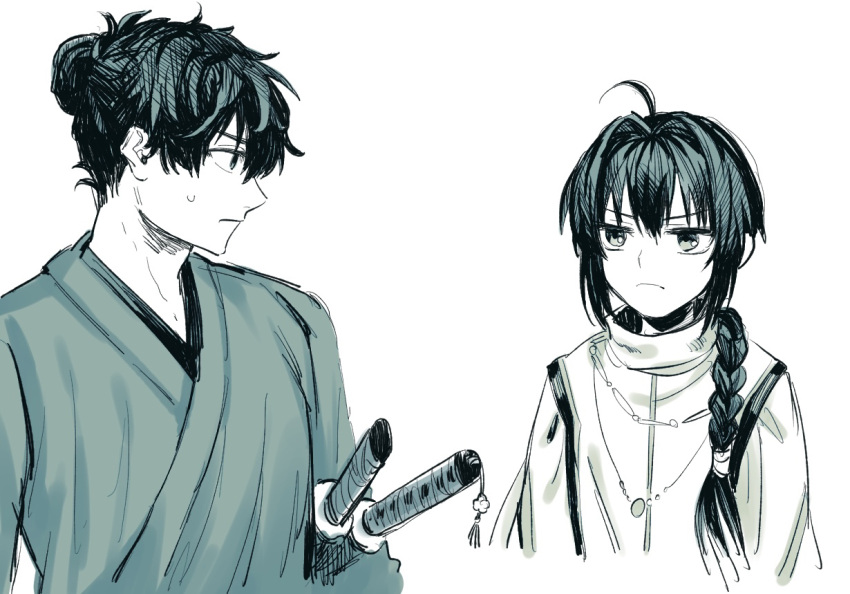 &gt;:( 1boy 1other ahoge androgynous black_hair braid braided_ponytail closed_mouth commentary_request fate/samurai_remnant fate_(series) frown hair_between_eyes hair_intakes hair_over_shoulder japanese_clothes jitome katana kimono long_hair looking_at_another low-tied_long_hair miyamoto_iori_(fate) monochrome profile shimazu. shirt short_hair simple_background sketch spiky_hair sweatdrop sword topknot upper_body v-shaped_eyebrows weapon white_background white_shirt yamato_takeru_(fate)