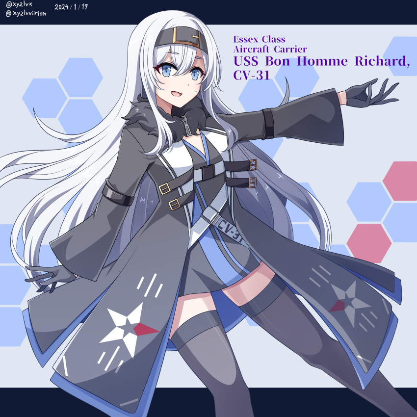 1girl :d absurdres azur_lane black_coat black_dress black_gloves black_hairband blue_eyes bon_homme_richard_(azur_lane) character_name coat commentary_request curly_hair dress fur-trimmed_coat fur_trim gloves hair_between_eyes hairband happy hebitsukai-san highres legs_apart long_hair long_sleeves open_clothes open_coat outstretched_arm smile solo standing thigh-highs very_long_hair white_hair wide_sleeves