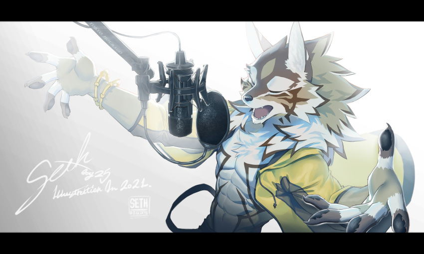 1boy abs absurdres animal_ears bare_pectorals bracelet character_name chinese_text claws closed_eyes dated english_commentary fangs furry furry_male gradient_background highres jackal_boy jackal_ears jewelry male_focus microphone muscular muscular_male music open_mouth pawpads pectorals pop_filter seth_(housamo) singing tokyo_afterschool_summoners translation_request ty_arashi