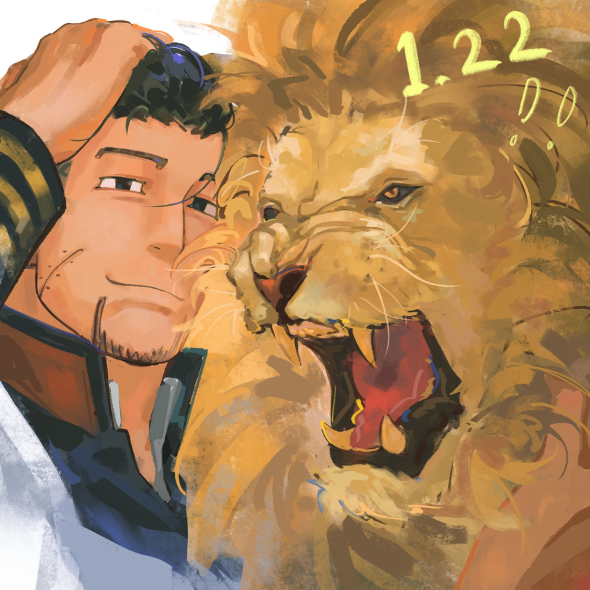 ! !! 1boy black_eyes black_hair black_jacket blackthornwww closed_mouth collared_jacket dated facial_hair goatee golden_kamuy hair_slicked_back hand_on_own_head highres jacket lion long_sleeves looking_at_viewer male_focus ogata_hyakunosuke open_collar portrait simple_background smile solo undercut white_background