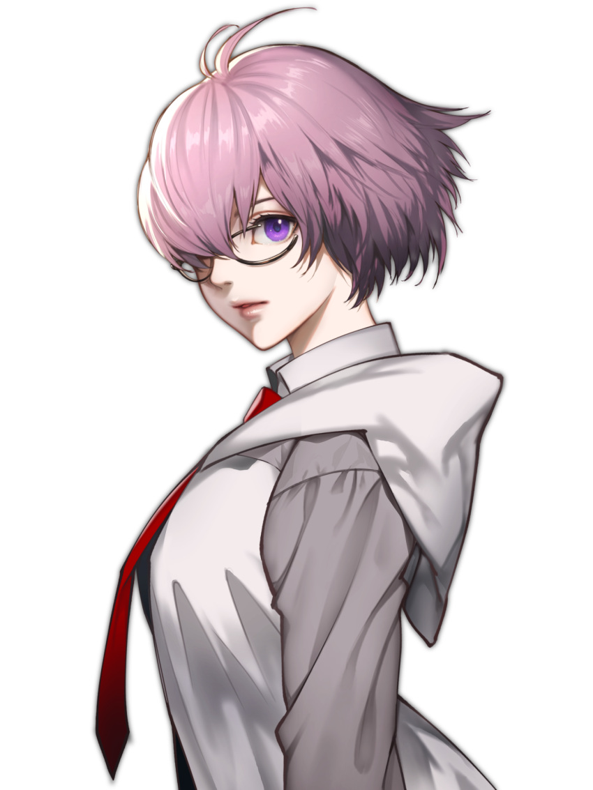 1girl black-framed_eyewear commentary fate/grand_order fate_(series) floating_hair glasses grey_jacket hair_over_one_eye highres hood hood_down hooded_jacket jacket lips long_sleeves looking_at_viewer mash_kyrielight multicolored_clothes multicolored_jacket necktie one_eye_covered parted_lips pink_lips purple_hair red_necktie short_hair simple_background solo stf_amagihana two-tone_jacket violet_eyes white_background white_jacket