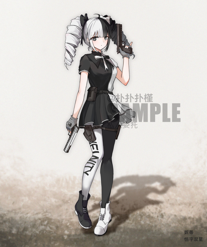 1girl absurdres belt_pouch black_bow black_dress black_footwear black_hair black_pantyhose blue_bow blunt_bangs bow closed_mouth commentary_request dress drill_hair english_text full_body girls_frontline grey_eyes gun hair_bow highres holding holding_gun holding_weapon holster looking_at_viewer multicolored_bow multicolored_clothes multicolored_dress multicolored_hair multicolored_pantyhose original pantyhose pouch sakatakin shadow simple_background solo thigh_holster twin_drills weapon weapon_request white_bow white_dress white_footwear white_hair white_pantyhose