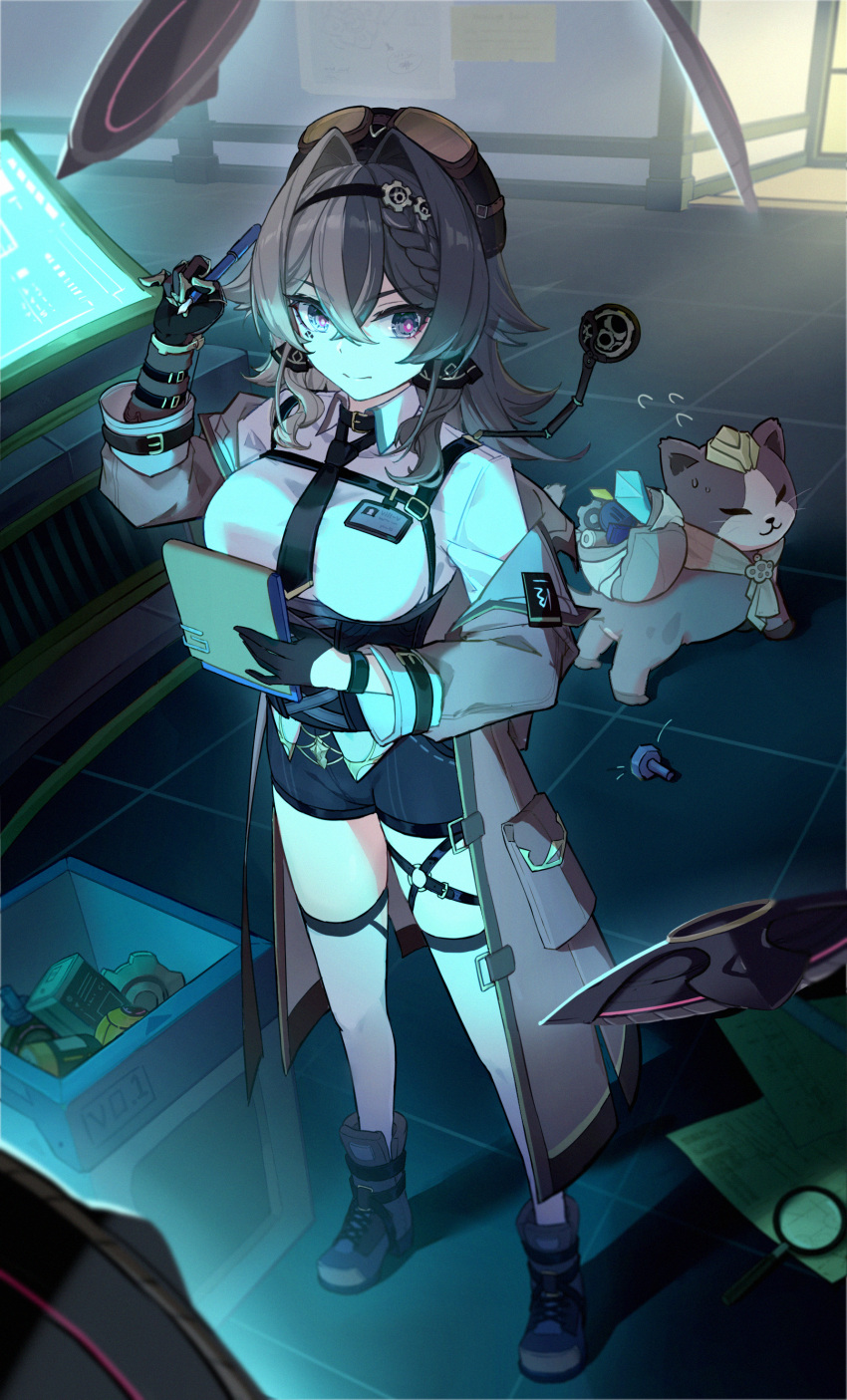 1girl :3 absurdres black_gloves black_hairband black_necktie black_shorts braid breasts brown_cat brown_coat brown_hair can_(honkai_impact) cat clipboard coat collared_shirt commentary_request crossed_bangs flying_sweatdrops gears gloves goggles goggles_on_head grey_eyes hair_between_eyes hair_intakes hairband hand_up highres hisuinagare holding holding_clipboard holding_pen honkai_(series) honkai_impact_3rd id_card large_breasts long_hair necktie off_shoulder open_clothes open_coat pen purple_pupils shirt shorts smile standing thigh-highs thigh_strap trench_coat vill-v white_shirt white_thighhighs