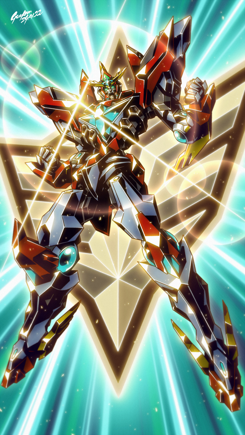 artist_name babamba bang_brave_bang_bravern bravern clenched_hands commentary_request dated full_body glint green_eyes highres legs_apart looking_at_viewer mecha no_humans open_mouth robot science_fiction solo super_robot v-fin yuuki_bakuhatsu_bang_bravern