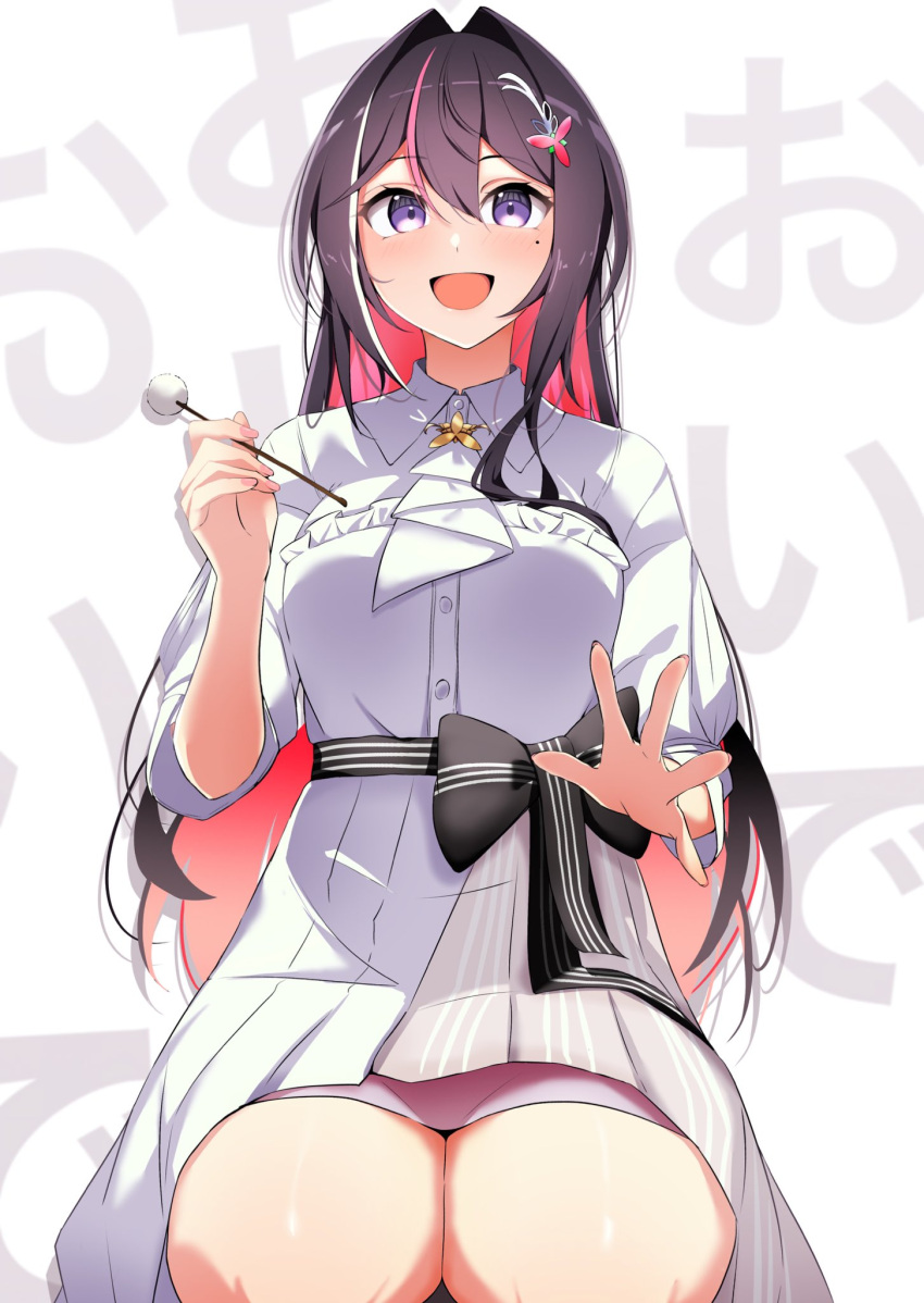 1girl :d ascot azki_(4th_costume)_(hololive) azki_(hololive) black_sash blush bow breasts brown_hair collared_dress colored_inner_hair commentary_request double-parted_bangs dress grey_dress hair_between_eyes hair_intakes hair_ornament hairclip high-low_skirt highres hololive lap_pillow_invitation long_hair looking_at_viewer medium_breasts mimikaki mole mole_under_eye multicolored_hair official_alternate_costume official_alternate_hair_length official_alternate_hairstyle open_mouth pink_hair sash seiza sitting skirt skirt_under_dress sleeves_past_elbows smile solo striped_clothes striped_dress two-tone_dress vertical-striped_clothes vertical-striped_dress very_long_hair violet_eyes virtual_youtuber waist_bow white_ascot white_background white_dress white_skirt yamaki_(yamaki801)