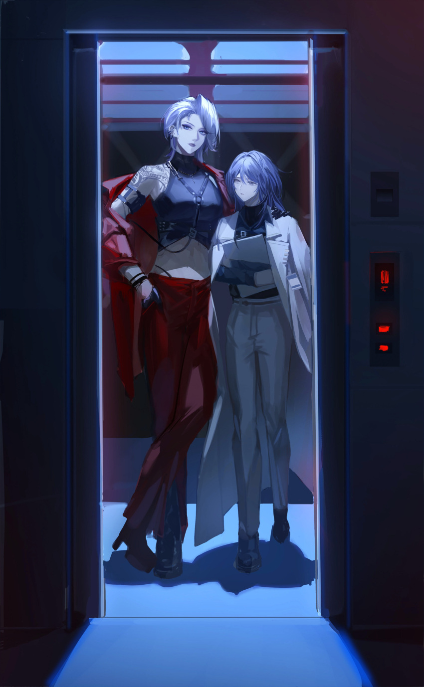2girls absurdres arm_strap black_footwear black_gloves black_shirt blue_eyes blue_hair boots bracelet breasts chief_(path_to_nowhere) chinese_commentary chunri_yuanshan coat coat_on_shoulders combat_boots commentary earrings elevator elevator_door full_body gloves grey_eyes grey_hair grey_pants hair_intakes hand_in_pocket hand_on_another's_shoulder highres holding holding_notepad id_card jacket jewelry medium_breasts medium_hair midriff multiple_girls necklace notepad pants path_to_nowhere prison_clothes purple_lips red_jacket red_pants shirt shoulder_tattoo single_bare_shoulder single_off_shoulder sleeveless sleeveless_shirt standing stomach tattoo underbust upswept_hair white_coat zouya_(path_to_nowhere)
