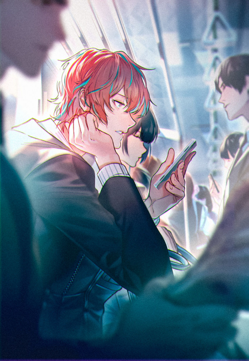 1girl 3boys bag_on_lap black_hair black_suit blue_hair blurry commentary_request depth_of_field from_side half-closed_eyes highres holding holding_phone hypnosis_mic kannonzaka_doppo male_focus minami_kazuki_(hanbee) multicolored_hair multiple_boys parted_lips phone profile redhead short_hair sidelighting sitting solo_focus streaked_hair suit train_interior two-tone_hair upper_body