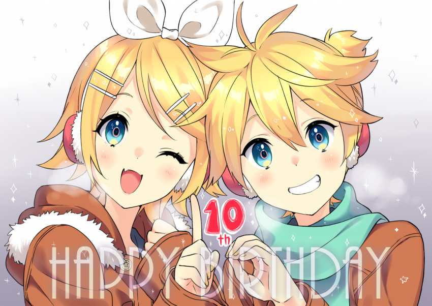 1boy 1girl ;d blonde_hair blue_eyes blue_scarf blush breath brother_and_sister brown_coat coat commentary_request fang finger_counting fur-trimmed_hood fur_trim gradient_background grey_background grin hair_between_eyes hair_ornament hair_ribbon hairclip hand_up happy_birthday hood hood_down hooded_coat kagamine_len kagamine_rin kusumoto_shizuru long_sleeves looking_at_viewer nail_polish one_eye_closed ribbon scarf siblings sleeves_past_wrists smile swept_bangs twins upper_body vocaloid white_background white_ribbon yellow_nails