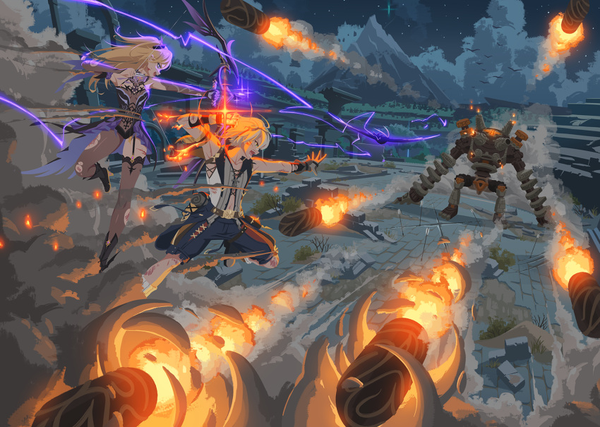 1boy 1girl aiming arms_up arrow_(projectile) asymmetrical_legwear battle bennett_(genshin_impact) blonde_hair blood blood_on_face boots bow_(weapon) cuts drawing_bow dress fire fischl_(genshin_impact) fisheye garter_straps genshin_impact highres holding holding_arrow holding_bow_(weapon) holding_weapon injury iohc_choi jumping long_hair looking_at_another mismatched_legwear mountainous_horizon night night_sky open_mouth outdoors outstretched_arm oz_(genshin_impact) rocket shorts single_garter_strap single_leg_pantyhose single_thighhigh sky smoke thigh-highs torn_clothes weapon