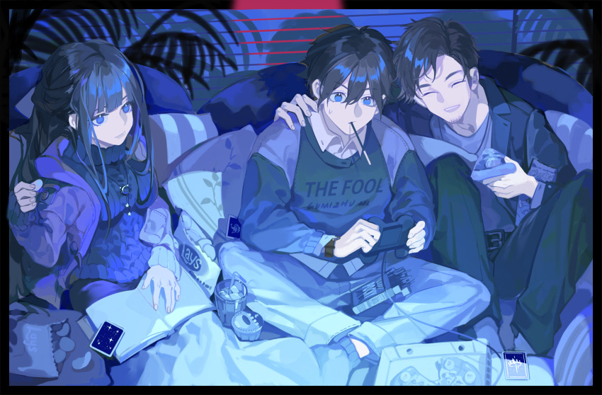 1girl 2boys black_hair chips_(food) controller couch drink evernight_goddess food game_controller highres jacket klein_moretti long_hair lord_of_the_mysteries multiple_boys pizza playing_games pocky roselle_gustav shirt short_hair spoilers zastz