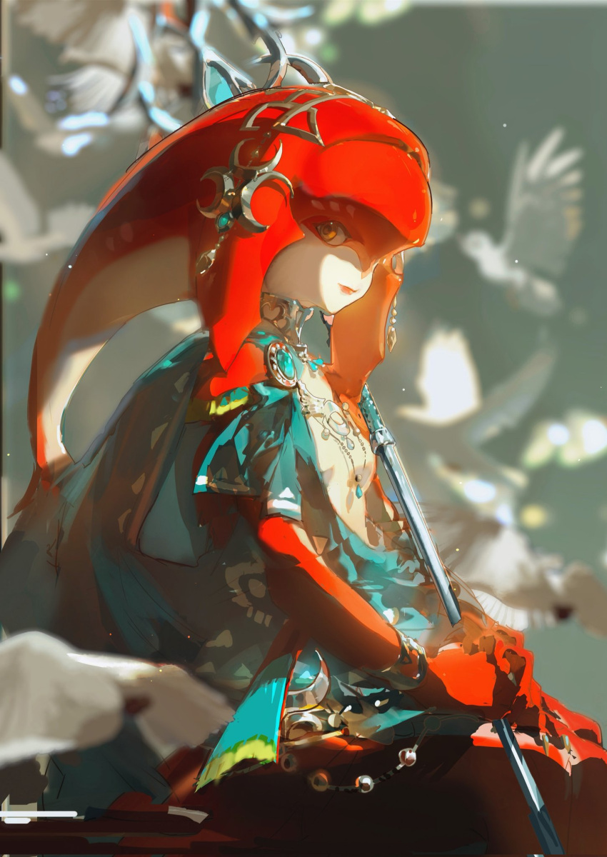 1girl bird blurry champion's_tunic_(zelda) colored_skin depth_of_field fish_girl gem head_tail headdress highres holding holding_polearm holding_weapon jewelry mipha monster_girl multicolored_skin necklace no_eyebrows orange_eyes polearm red_lips red_skin redum4 smile solo spear the_legend_of_zelda the_legend_of_zelda:_breath_of_the_wild weapon zora