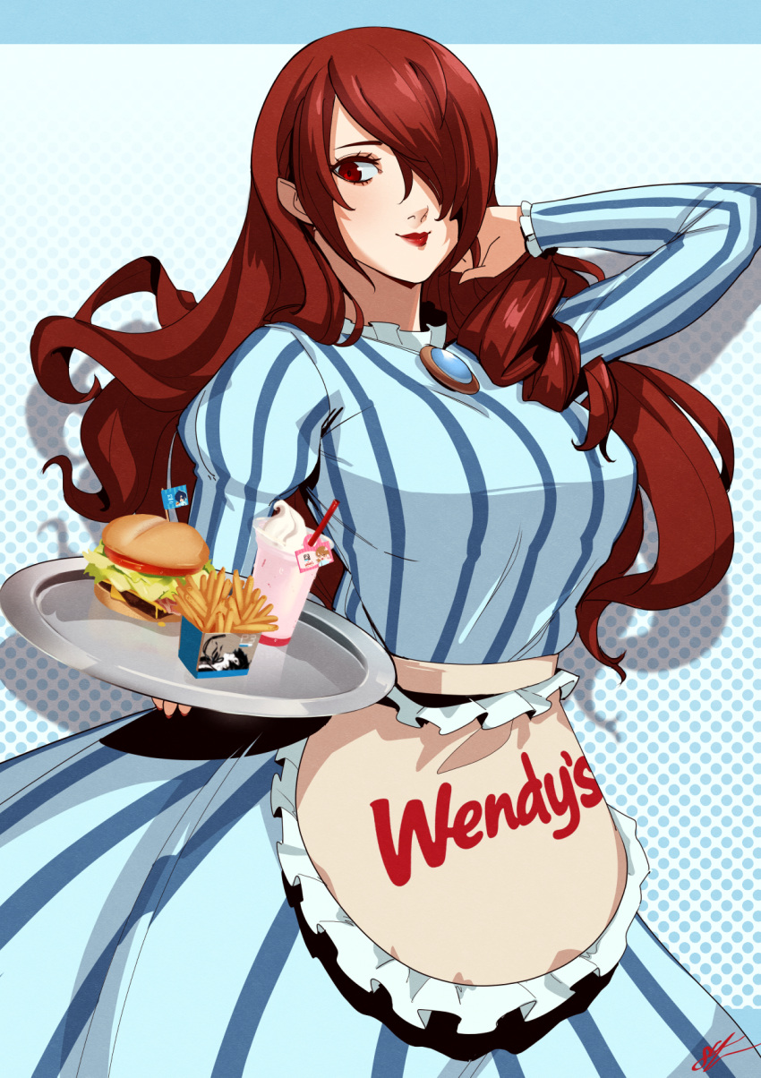 1girl alternate_costume apron blue_dress brooch burger closed_mouth commentary dress drill_hair eightyfourart employee_uniform english_commentary fast_food_uniform food french_fries hair_over_one_eye highres holding holding_tray jewelry kirijou_mitsuru lips lipstick long_hair long_sleeves looking_at_viewer makeup one_eye_covered persona persona_3 persona_3_reload red_eyes red_lips redhead smile solo striped_clothes striped_dress tray uniform waist_apron wendy's