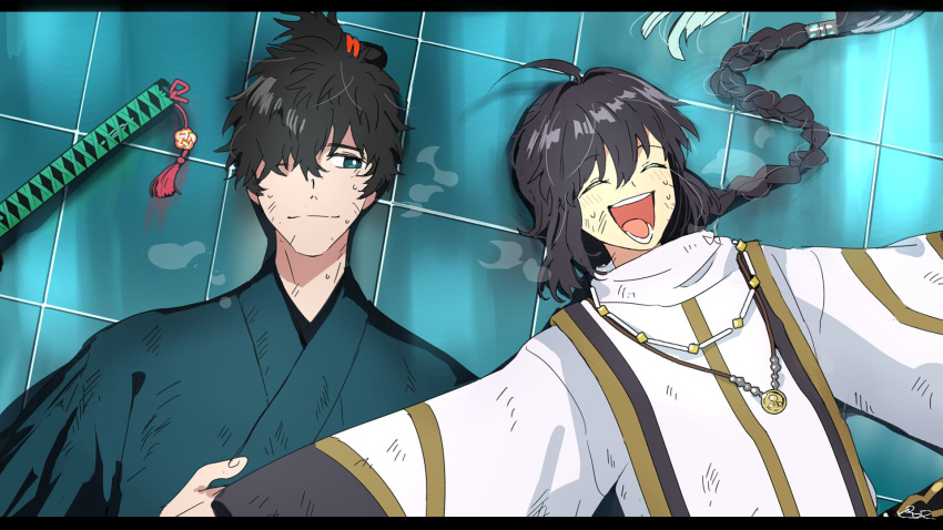 1boy 1other :d ^_^ after_battle ahoge androgynous black_hair blush bright_pupils closed_eyes closed_mouth commentary_request fate/samurai_remnant fate_(series) green_kimono hair_intakes hair_spread_out happy highres japanese_clothes katana kimono long_hair long_sleeves looking_at_another low-tied_long_hair lying miyamoto_iori_(fate) on_back one_eye_closed outstretched_arms pirohi_(pirohi214) shirt short_hair side-by-side smile spiky_hair split_mouth sword teeth tile_floor tiles upper_body weapon white_pupils white_shirt wide_sleeves yamato_takeru_(fate)