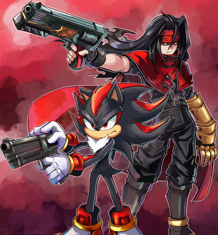 absurdres bandana black_hair cape claws crossover english_commentary final_fantasy final_fantasy_vii frown furry gloves gun highres holding holding_gun holding_weapon looking_to_the_side red_eyes sega shadow_the_hedgehog sonic_(series) sonic_adventure_2 square_enix standing stoic_seraphim trait_connection vincent_valentine weapon