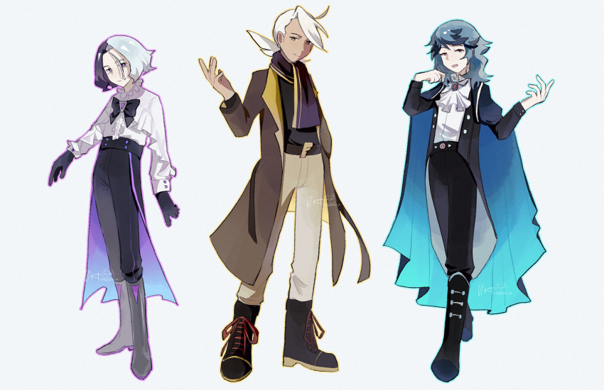3boys alternate_costume amethio_(pokemon) ascot black_bow black_footwear black_gloves black_pants boots bow brown_coat cape closed_mouth coat commentary_request friede_(pokemon) gloves green_hair hands_up highres long_hair long_sleeves loose_hair_strand male_focus multiple_boys open_clothes open_coat open_mouth outline pants pants_tucked_in pokemon pokemon_(anime) pokemon_horizons shirt short_hair smile spinel_(pokemon) standing white_ascot white_background white_hair white_shirt ykt_(yorktin_fake)