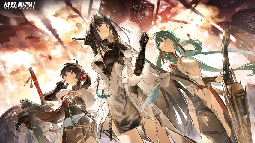 artist_request black_hair character_request china_dress chinese_clothes dress earrings fire frown glaring green_eyes green_hair headgear highres jewelry long_hair looking_up low_twintails mechanical_arms official_art pulao_(punishing:_gray_raven) punishing:_gray_raven qu_(punishing:_gray_raven) red_eyes side_ponytail sword tassel twintails weapon