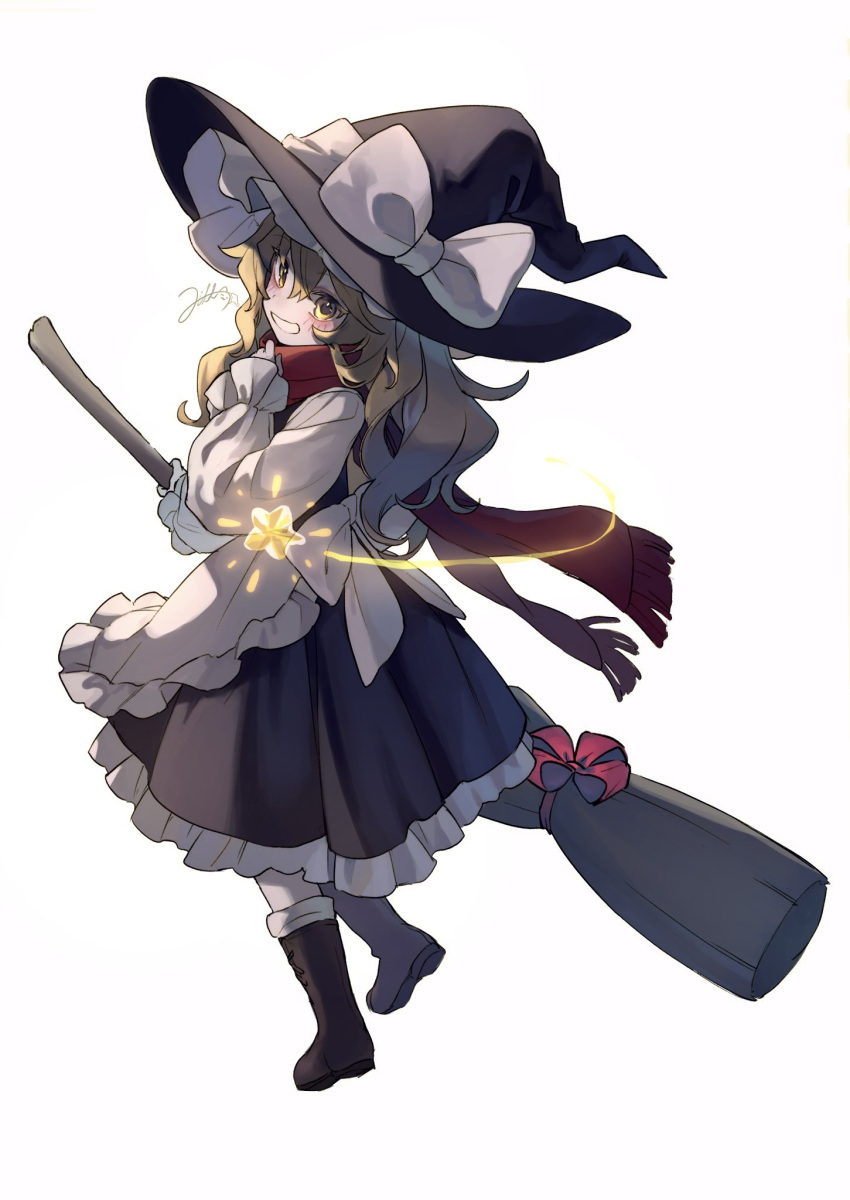 1girl apron back_bow black_headwear black_skirt black_vs_white blonde_hair bow broom brown_footwear commentary_request cross-laced_footwear frilled_apron frilled_bow frilled_skirt frilled_sleeves frills full_body grin hat hat_bow highres holding holding_broom kirisame_marisa long_sleeves looking_at_viewer niru_05 red_scarf scarf shirt simple_background skirt skirt_set smile solo touhou waist_apron white_apron white_background white_bow white_shirt witch witch_hat yellow_eyes
