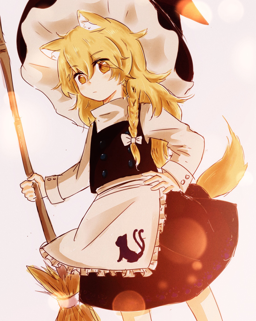 1girl absurdres animal_ear_fluff animal_ears animal_print apron black_vest blonde_hair bow braid broom cat_print chinese_commentary closed_mouth commentary_request fox_ears fox_tail hair_between_eyes hair_bow hand_on_own_hip hat highres holding holding_broom kirisame_marisa light_blush long_hair long_sleeves looking_at_viewer niangao_(8490593) side_braid single_braid solo tail touhou turtleneck vest waist_apron white_bow witch_hat yellow_eyes