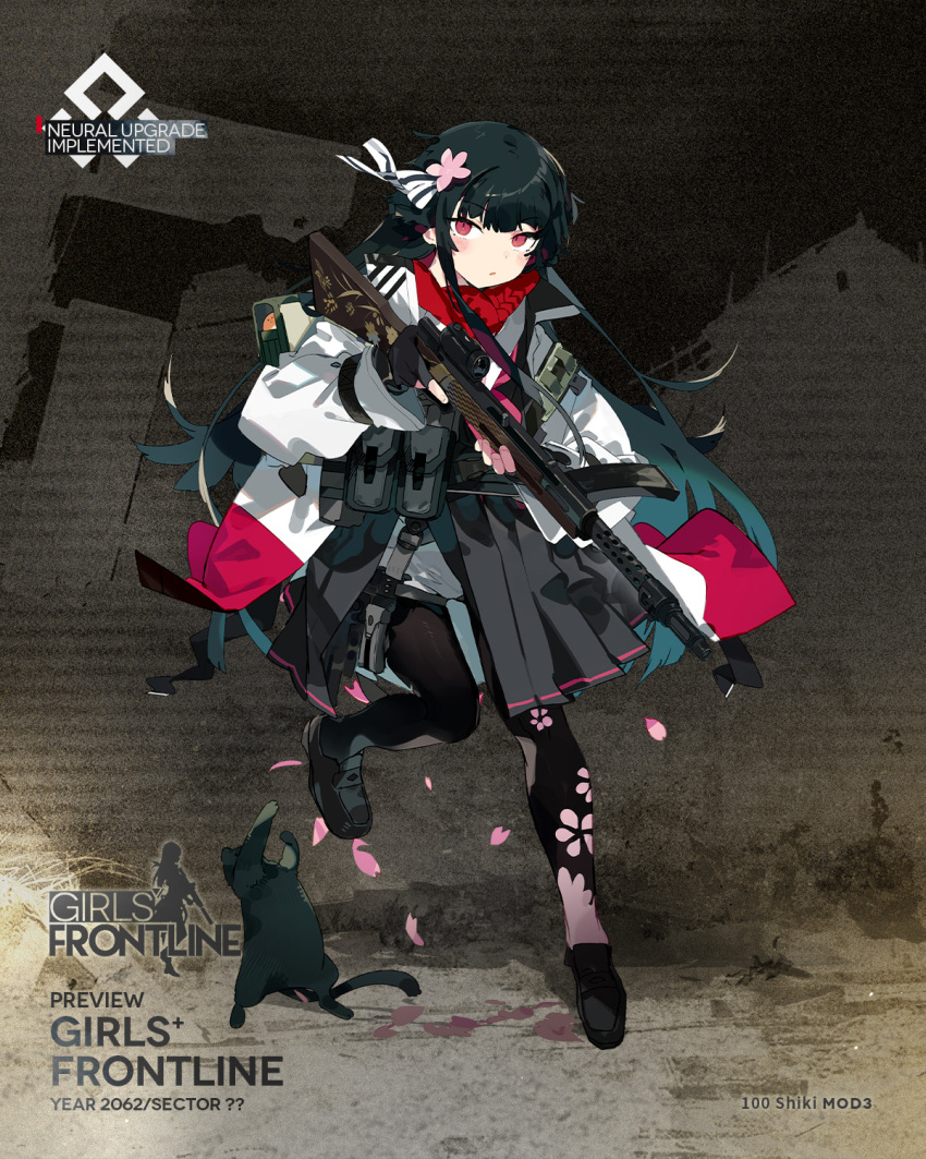 1girl :o black_cat black_footwear black_gloves black_hair black_pantyhose black_skirt cat character_name cherry_blossom_print cherry_blossoms coat commentary copyright_name english_commentary fingerless_gloves floral_print flower full_body girls_frontline gloves green_bag gun hair_flower hair_ornament hair_ribbon high-waist_skirt highres holding holding_gun holding_weapon karei loafers long_sleeves looking_at_viewer neckerchief official_alternate_costume official_art pantyhose parted_lips pink_neckerchief pleated_skirt pouch red_eyes red_scarf ribbon scarf second-party_source shoes skirt snap-fit_buckle solo standing standing_on_one_leg striped_ribbon submachine_gun trigger_discipline type_100 type_100_(girls'_frontline) type_100_(mod3)_(girls'_frontline) weapon white_coat white_ribbon