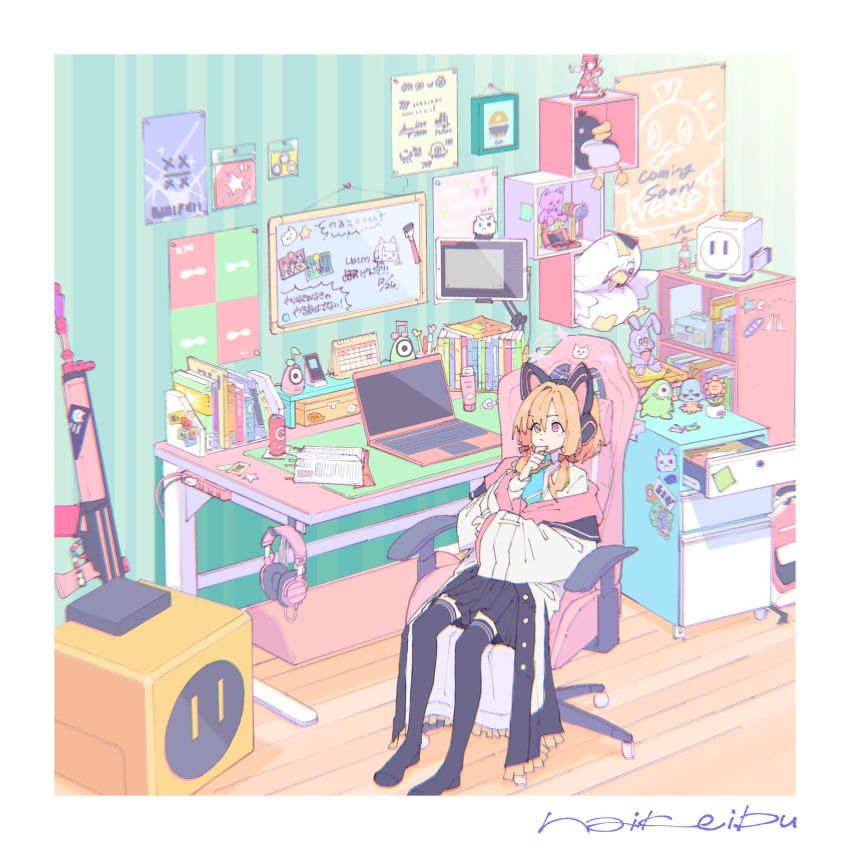 1girl absurdres animal_ear_headphones animal_ears black_thighhighs blue_archive book border bow calendar_(object) cat_ear_headphones chair closed_mouth coat computer desk fake_animal_ears figure gaming_chair gun haikeibu hair_bow headphones highres indoors laptop long_sleeves momoi_(blue_archive) no_shoes orange_hair peroro_(blue_archive) pink_eyes poster_(object) red_bow signature sitting skirt star_(symbol) stuffed_animal stuffed_penguin stuffed_rabbit stuffed_toy swivel_chair thigh-highs weapon white_border white_coat