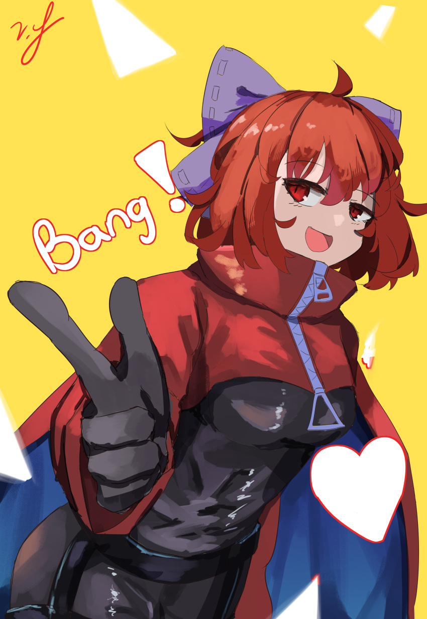 absurdres black_bodysuit bodysuit bow cape cloak english_text finger_gun hair_bow heart highres open_mouth red_cape red_cloak red_eyes redhead ribbon-trimmed_bow rock_'n'_rock_'n'_beat sekibanki touhou two-sided_cape two-sided_fabric two-tone_cape vanilla_flan zipper