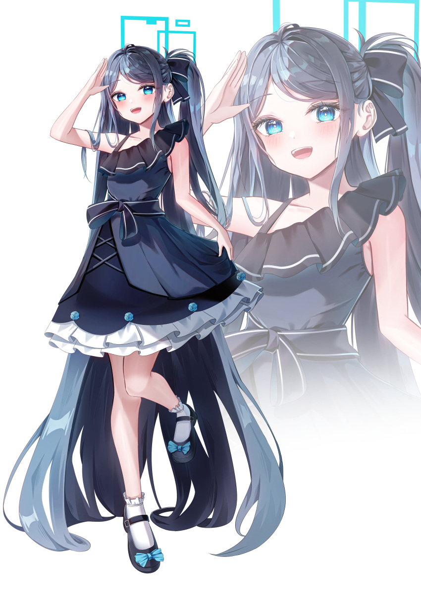 1girl absurdly_long_hair absurdres alternate_costume aris_(blue_archive) black_footwear blue_archive blue_dress blue_eyes blue_hair blue_halo blush bow dark_blue_hair dress english_commentary foot_up footwear_bow full_body halo hand_up highres holding holding_clothes holding_skirt li_se long_hair looking_at_viewer open_mouth ringed_eyes side_ponytail skirt sleeveless sleeveless_dress smile solo square_halo very_long_hair white_background