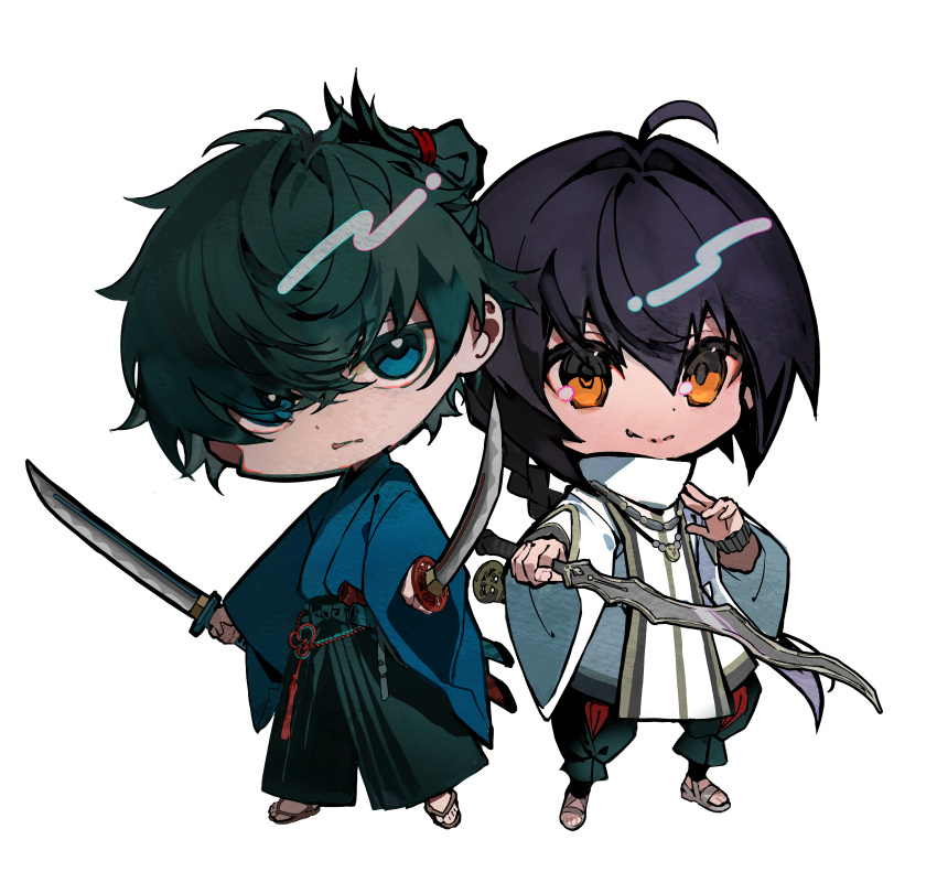 1boy 1other absurdres ahoge androgynous black_hair blue_eyes blue_kimono braid braided_ponytail brown_eyes chibi closed_mouth commentary_request crossed_bangs dual_wielding fate/samurai_remnant fate_(series) fighting_stance green_hair green_hakama hair_between_eyes hair_intakes hakama highres holding holding_sword holding_weapon japanese_clothes katana kimono long_hair long_sleeves looking_at_viewer miyamoto_iori_(fate) mura_karuki sandals serious shirt short_hair side-by-side simple_background smile spiky_hair standing sword weapon white_background white_shirt wide_sleeves yamato_takeru_(fate)