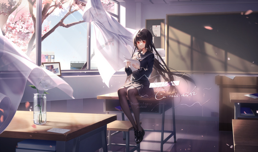 1girl black_footwear black_hair black_pantyhose black_sailor_collar black_serafuku black_skirt book chalkboard cherry_blossoms chinese_commentary classroom commission curtains day desk highres holding holding_paper indoors light_rays loafers long_hair long_sleeves on_desk original pantyhose paper parted_lips petals plant pleated_skirt red_eyes sailor_collar school_desk school_uniform serafuku shoes sitting sitting_on_desk skirt solo stool tree vase watermark wind window zirancike