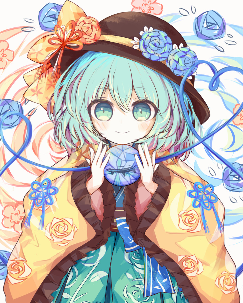 1girl black_headwear blue_flower blush bow closed_mouth commentary_request eyeball floral_print flower frilled_sleeves frills green_eyes green_hair hat hat_bow hat_flower hat_ribbon heart heart_of_string highres japanese_clothes komeiji_koishi long_sleeves looking_at_viewer medium_hair red_flower red_ribbon ribbon ro.ro smile solo third_eye touhou wide_sleeves yellow_bow