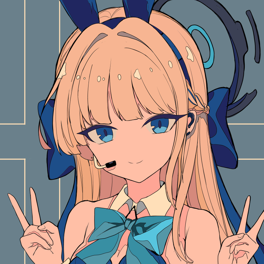 1girl absurdres animal_ears aqua_bow aqua_bowtie black_halo blonde_hair blue_archive blue_bow blue_eyes blue_hairband blue_halo blue_leotard bow bowtie collar commentary_request detached_collar double_v earpiece fake_animal_ears hair_bow hairband halo highres leotard long_hair looking_at_viewer mechanical_halo nanxiacheng1 official_alternate_costume playboy_bunny rabbit_ears smile solo strapless strapless_leotard toki_(blue_archive) toki_(bunny)_(blue_archive) upper_body v white_collar