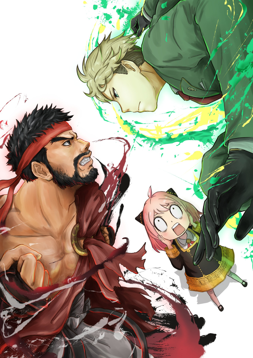 1girl 2boys absurdres anya_(spy_x_family) beard black_hair blonde_hair boxing_gloves capcom child dougi dress duel eden_academy_school_uniform facial_hair father_and_daughter fingerless_gloves forked_eyebrows full_beard gloves green_eyes green_suit hairpods headband highres kaib0y long_sleeves male_focus martial_arts_belt mature_male multiple_boys muscular muscular_male open_mouth pectorals pink_hair profile red_headband ryu_(street_fighter) school_uniform shirt short_hair simple_background spy_x_family street_fighter street_fighter_6 suit thick_beard thick_eyebrows twilight_(spy_x_family)