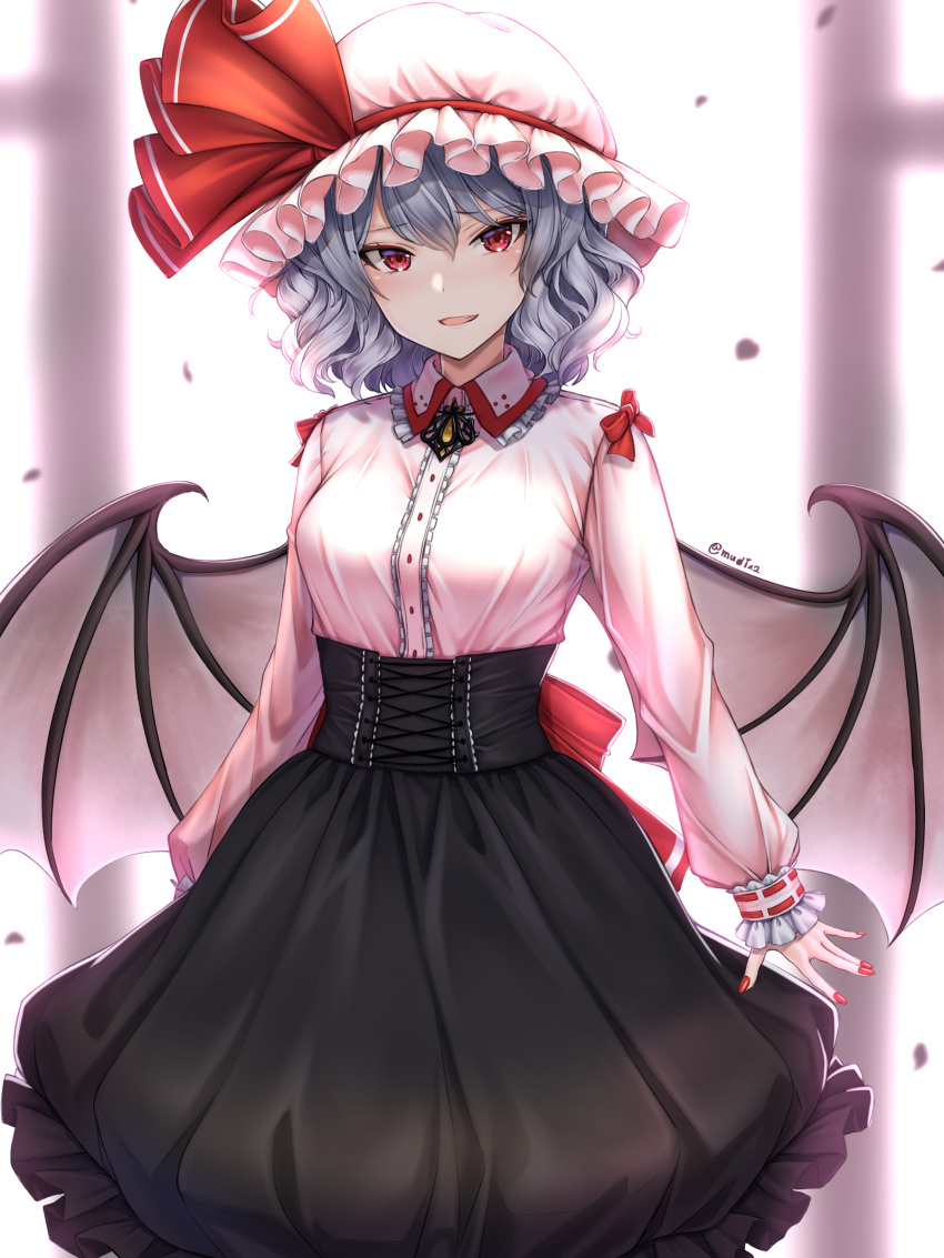 1girl absurdres bat_wings blue_hair blurry blurry_background commentary_request frilled_hat frills hat highres long_sleeves looking_at_viewer mitama_mudimudi mob_cap pink_shirt puffy_long_sleeves puffy_sleeves red_eyes red_nails remilia_scarlet shirt smile solo touhou twitter_username wings