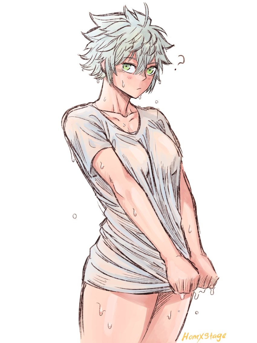 1girl asta_(black_clover) black_clover blush bottomless breasts genderswap genderswap_(mtf) green_eyes grey_hair highres holding holding_clothes honexstage large_breasts looking_at_viewer shirt simple_background sketch upper_body wet wet_clothes wet_hair wet_shirt white_background