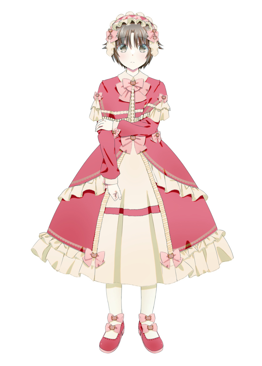 1boy absurdres alternate_costume blush bow brown_eyes brown_hair closed_mouth commentary dress dress_bow footwear_bow frilled_dress frilled_hairband frills frown full_body grabbing_own_arm hairband highres little_busters! long_dress long_sleeves looking_at_viewer naoe_riki natsuoto_rito otoko_no_ko pink_bow red_dress red_footwear red_hairband short_hair simple_background solo standing straight-on tachi-e white_background