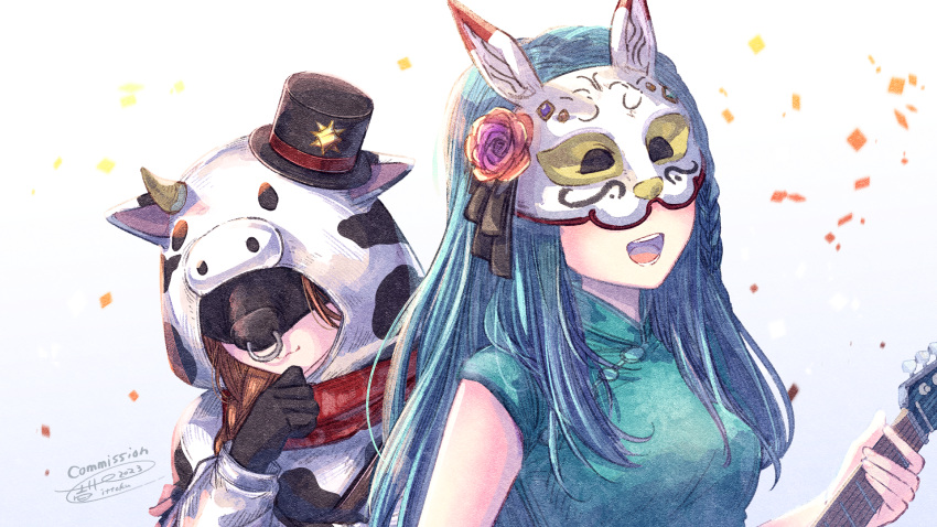 2girls :d animal_costume animal_ears black_gloves black_headwear blue_dress blue_hair braid breasts brown_hair china_dress chinese_clothes closed_mouth commission copyright_request cow_costume cow_ears cow_hood cow_horns dress eye_mask facing_viewer fake_animal_ears fake_horns flower gloves gradient_background grey_background hat highres holding holding_instrument hood hood_up horns instrument ittokyu long_hair medium_breasts mini_hat mini_top_hat multiple_girls open_mouth red_flower red_rose rose signature sleeveless sleeveless_dress smile tilted_headwear top_hat upper_body very_long_hair virtual_youtuber white_background