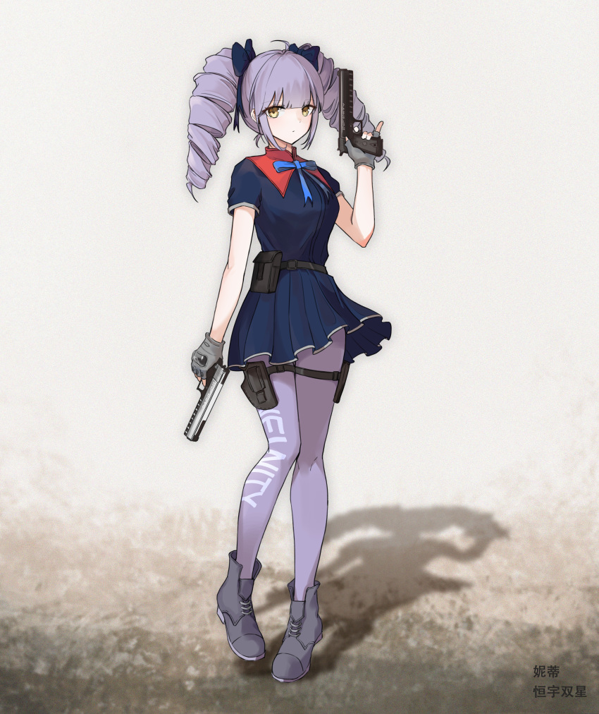 1girl absurdres belt_pouch blue_bow blue_dress blunt_bangs bow brown_eyes closed_mouth collar commentary_request dress drill_hair full_body girls_frontline grey_footwear gun hair_bow highres holding holding_gun holding_weapon holster looking_at_viewer original pantyhose pouch purple_hair purple_pantyhose red_collar sakatakin shadow simple_background solo thigh_holster twin_drills weapon weapon_request