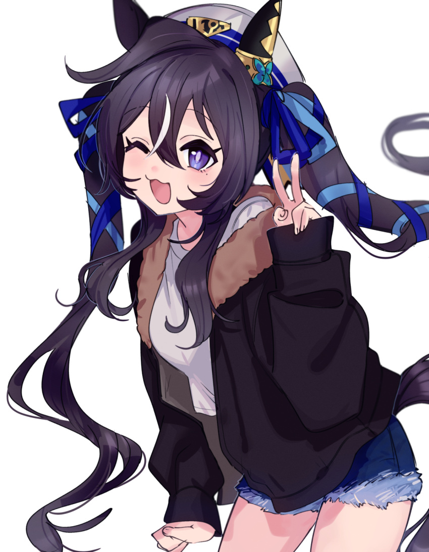 1girl :3 ;d animal_ears black_hair black_jacket blue_ribbon commentary_request denim denim_shorts ear_covers fig_(lchijiku) hair_between_eyes hair_ribbon hat highres horse_ears horse_girl horse_tail jacket long_hair looking_at_viewer one_eye_closed partial_commentary ribbon sailor_hat shirt short_shorts shorts simple_background single_ear_cover smile solo tail twintails umamusume violet_eyes vivlos_(umamusume) white_background white_headwear white_shirt