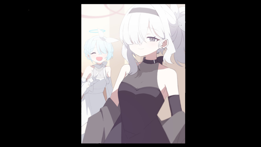 2girls arona_(blue_archive) black_dress black_eyes blue_archive blue_dress blue_hair breasts closed_eyes closed_mouth dress hair_over_one_eye highres long_hair multiple_girls open_mouth plana_(blue_archive) retri short_hair sleeveless sleeveless_dress small_breasts smile white_hair