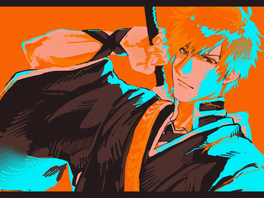 1boy a_nzi_end black_border black_shirt bleach border colored_shadow dutch_angle hair_between_eyes highres holding holding_weapon japanese_clothes kurosaki_ichigo looking_at_viewer male_focus orange_eyes orange_hair orange_theme polka_dot_shadow shadow shihakusho shirt solo upper_body weapon weapon_on_back wide_sleeves wrist_straps