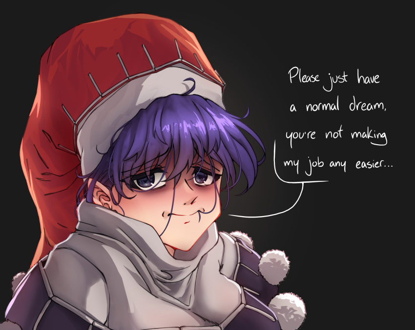 1girl bags_under_eyes closed_mouth doremy_sweet dress english_text grey_background hair_between_eyes hair_in_own_mouth hat highres jackyyeah long_bangs looking_at_viewer messy_hair nightcap pointy_ears pom_pom_(clothes) purple_hair red_headwear short_hair solo touhou turtleneck upper_body violet_eyes white_dress