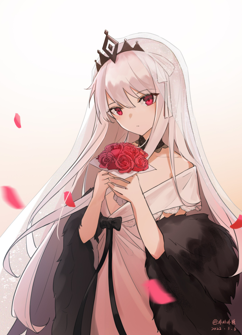 1girl absurdres artist_name bare_shoulders black_bow black_collar bouquet bow bridal_veil closed_mouth collar crown_hair_ornament dated detached_collar dress falling_petals flower girls_frontline highres holding holding_bouquet kar98k_(girls'_frontline) kar98k_(purity_in_vermilion)_(girls'_frontline) long_hair looking_at_viewer off_shoulder official_alternate_costume petals red_eyes red_flower sakatakin solo tiara upper_body veil very_long_hair wedding_dress white_hair
