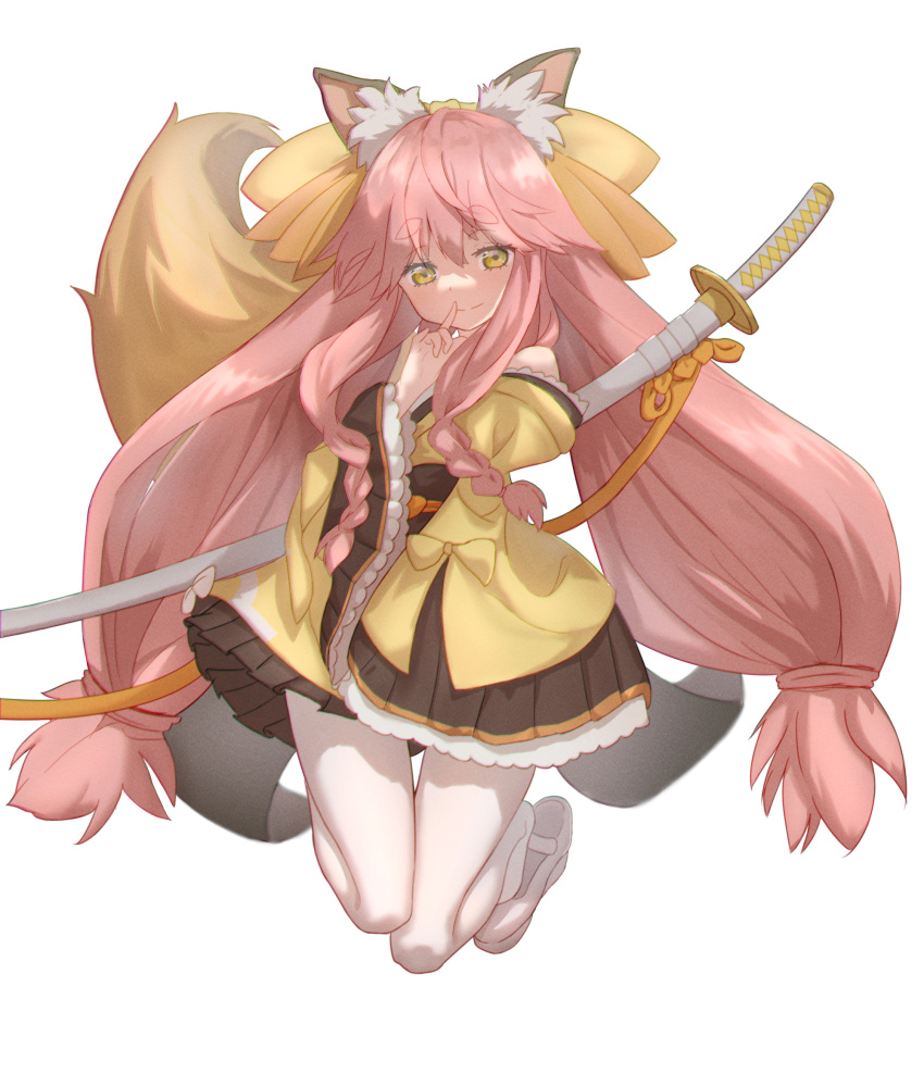 1girl animal_ear_fluff animal_ears bare_shoulders bow closed_mouth commentary_request eyelashes fate/samurai_remnant fate_(series) finger_to_mouth fox_ears fox_girl fox_tail frilled_sleeves frills full_body hair_between_eyes hand_up highres index_finger_raised japanese_clothes kimono long_hair long_sleeves looking_at_viewer low-tied_long_hair pantyhose pink_hair shushing smile solo split_mouth tail tamamo_(fate) tamamo_aria_(fate) thick_eyebrows traum twintails very_long_hair white_background white_pantyhose wide_sleeves yellow_bow yellow_eyes yellow_kimono