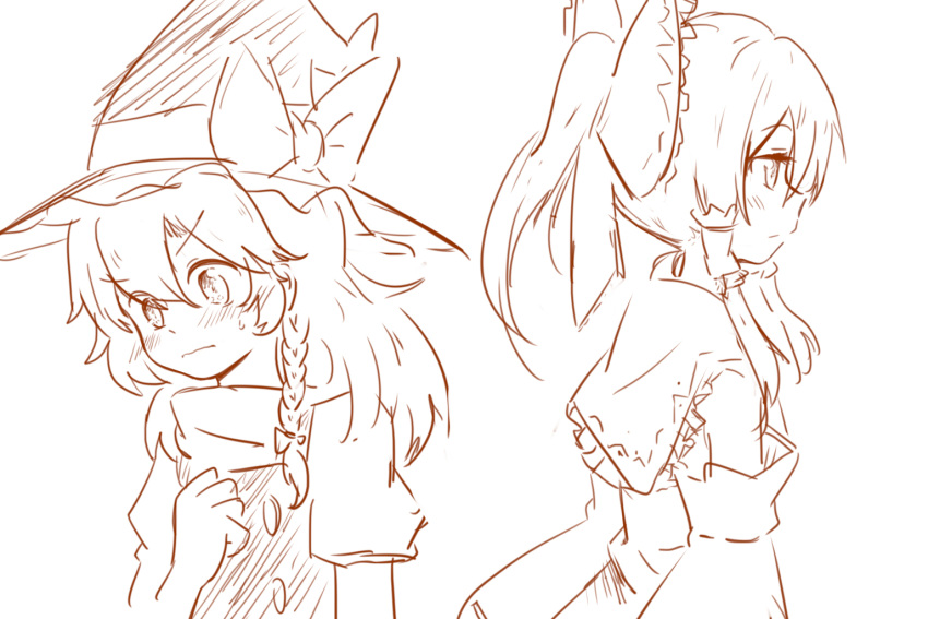 2girls blush bow braid clenched_hand commentary detached_sleeves frilled_bow frilled_hair_tubes frills hair_bow hair_tubes hakurei_reimu hat hat_bow kirisame_marisa long_hair monochrome multiple_girls niangao_(8490593) side_braid single_braid sketch sweatdrop touhou vest witch_hat