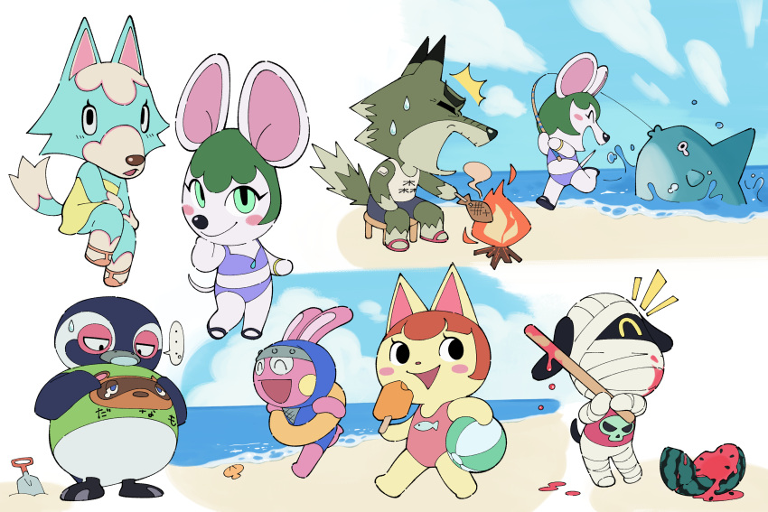 ... 3girls 4boys :d :o ^^^ ^_^ animal_crossing animal_print ball bandages bandaid bandaid_on_arm beach beachball bikini black_eyes black_footwear blue_shorts blue_sky blush blush_stickers bracelet bree_(animal_crossing) brown_hair cat_girl character_print closed_eyes closed_mouth clouds commentary_request day dobie_(animal_crossing) dog_boy dress felicity_(animal_crossing) fire fish fish_(food) fish_print fishing fishing_rod food fruit furry furry_female furry_male green_dress green_eyes green_hair green_shirt highres holding holding_ball holding_fishing_rod holding_food holding_popsicle holding_stick hood hood_up innertube jewelry jitome looking_at_viewer looking_down looking_to_the_side luaudrey lucky_(animal_crossing) mouse_girl multiple_boys multiple_girls multiple_views notice_lines ocean on_stool one-piece_swimsuit one_eye_covered open_mouth penguin_boy pink_one-piece_swimsuit popsicle purple_bikini rabbit_boy red_footwear red_shirt roasting running sand sandals seashell shell shirt short_hair shorts simple_background sitting skull_print sky skye_(animal_crossing) sleeveless sleeveless_shirt smile snake_(animal_crossing) speech_bubble spoken_ellipsis stick stool strapless strapless_dress suikawari sunfish surprised sweatdrop swim_ring swimsuit tank_top tex_(animal_crossing) tom_nook_(animal_crossing) trowel water watermelon white_background white_tank_top wolf_boy wolf_girl yellow_innertube