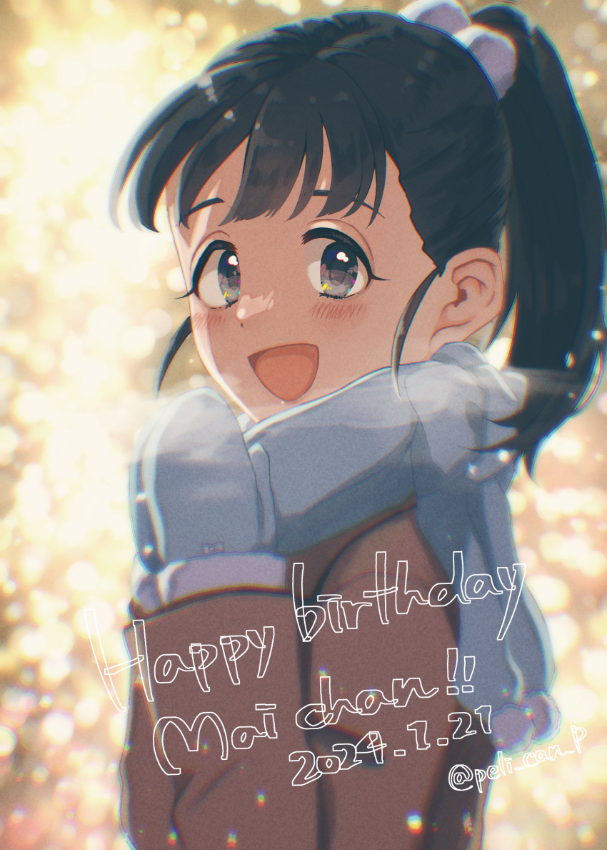 1girl absurdres artist_name birthday black_eyes black_hair blue_mittens blue_scarf blurry blurry_background blush bow breath brown_coat center-flap_bangs character_name child coat commentary dated dot_nose english_text eyelashes from_side fukuyama_mai glove_bow hands_up happy_birthday high_ponytail highres idolmaster idolmaster_cinderella_girls long_sleeves looking_at_viewer looking_to_the_side medium_bangs mittens outdoors own_hands_together peli_can_p pom_pom_(clothes) ponytail purple_bow scarf sidelocks signature smile solo straight_hair tongue turning_head upper_body winter winter_clothes winter_coat